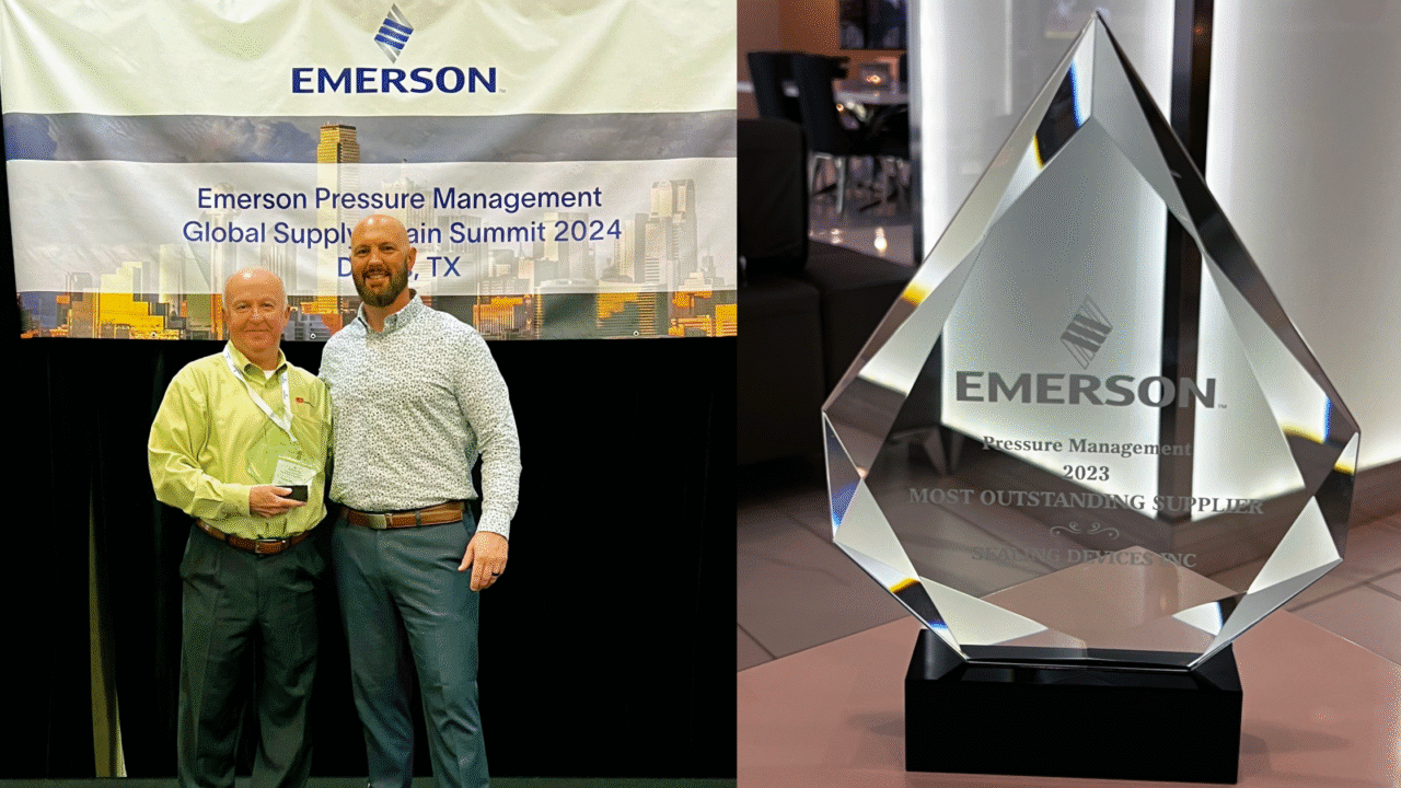 Marc Ferrara, Sealing Devices Sales Manager and Tom Hourihan, Sealing Devices Territory Sales Manager accepted the award on the company’s behalf at the Emerson Pressure Management Global Supply Chain Summit in Dallas, TX on April 9, 2024.