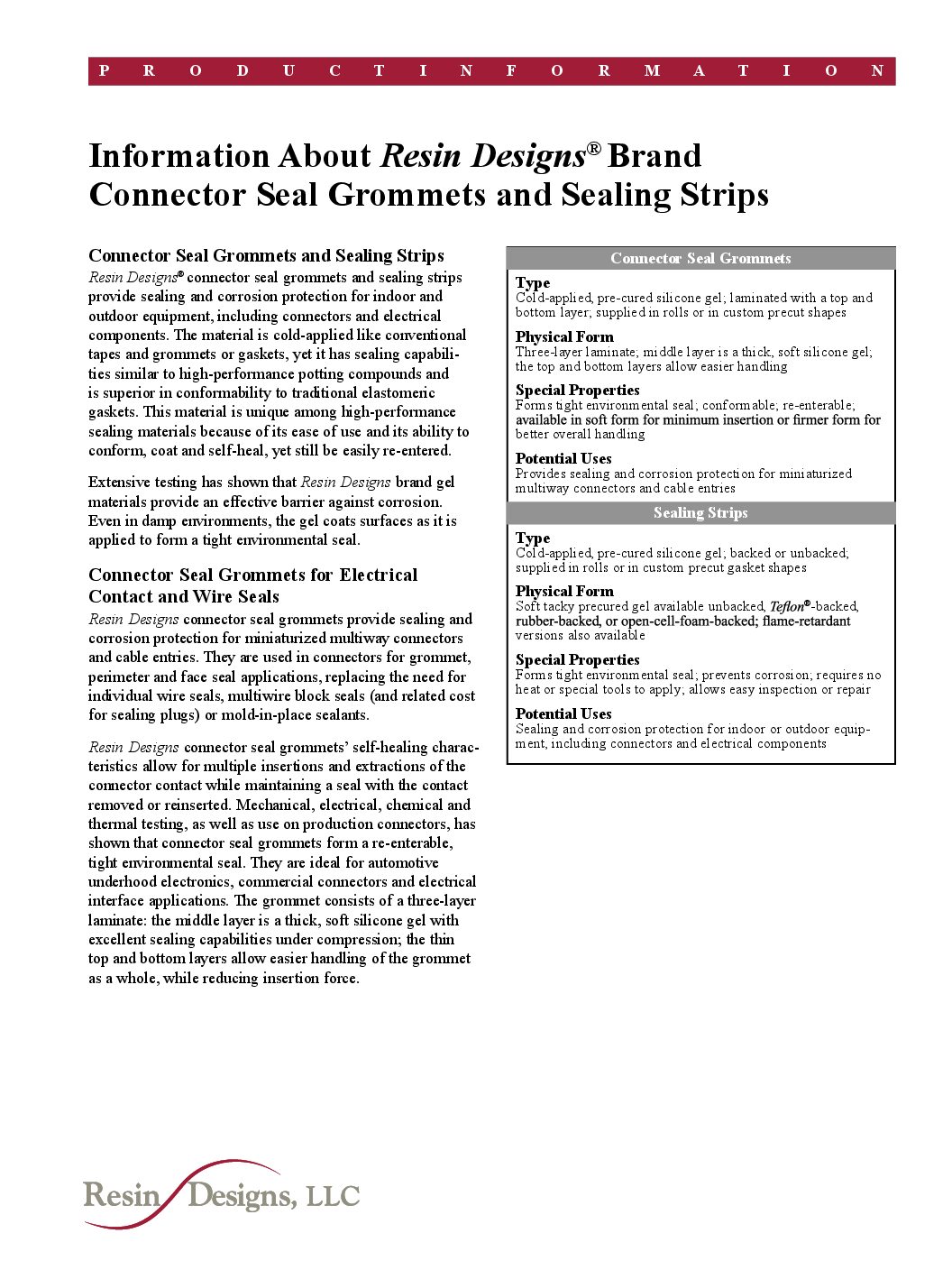 Dow Corning Resin Designs® Connector Seal Grommets and Sealing Strips Data