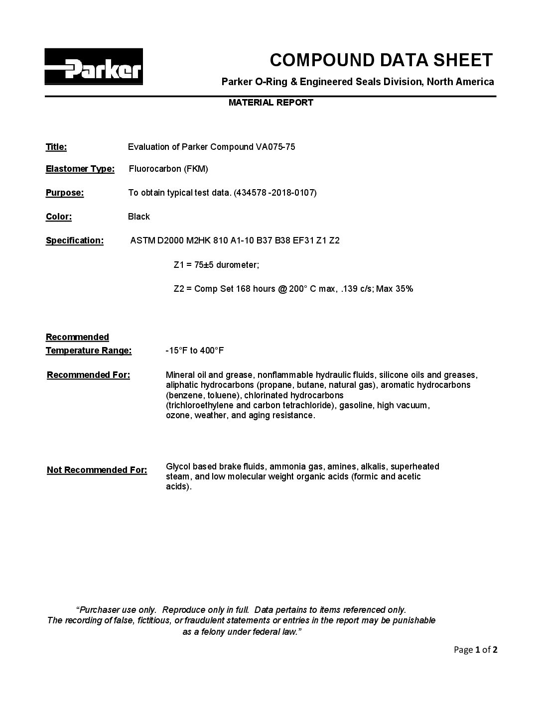 Material Report of Parker Compound VA075-75