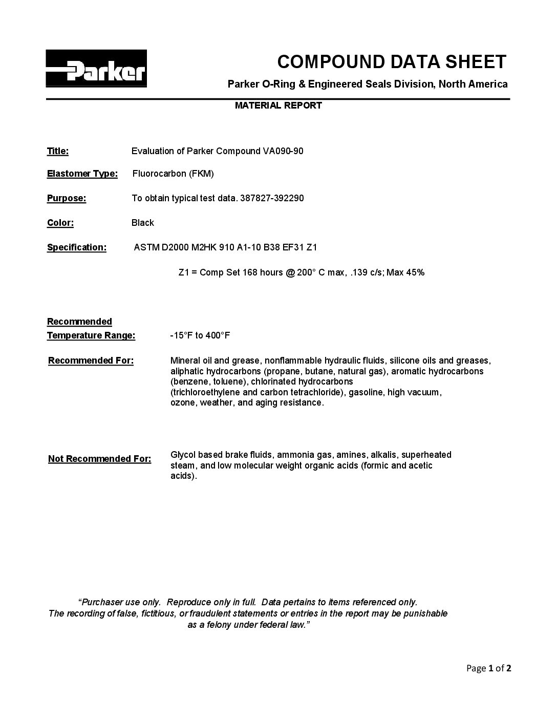 Material Report of Parker Compound VA090-90