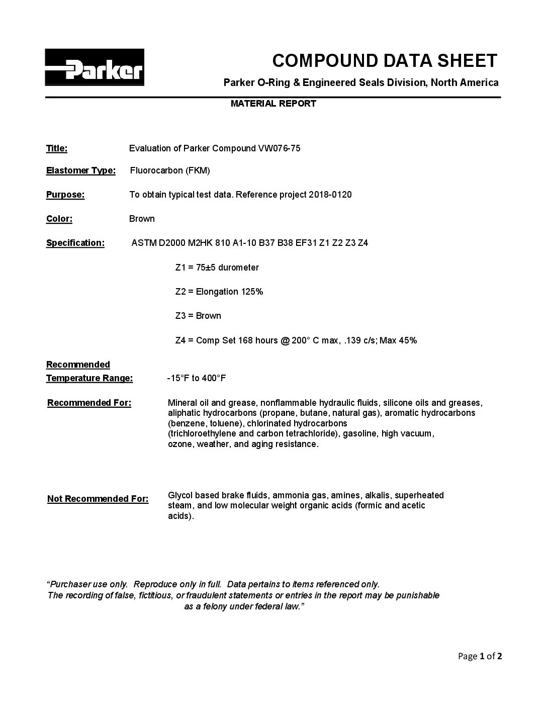 Material Report of Parker Compound VW076-75