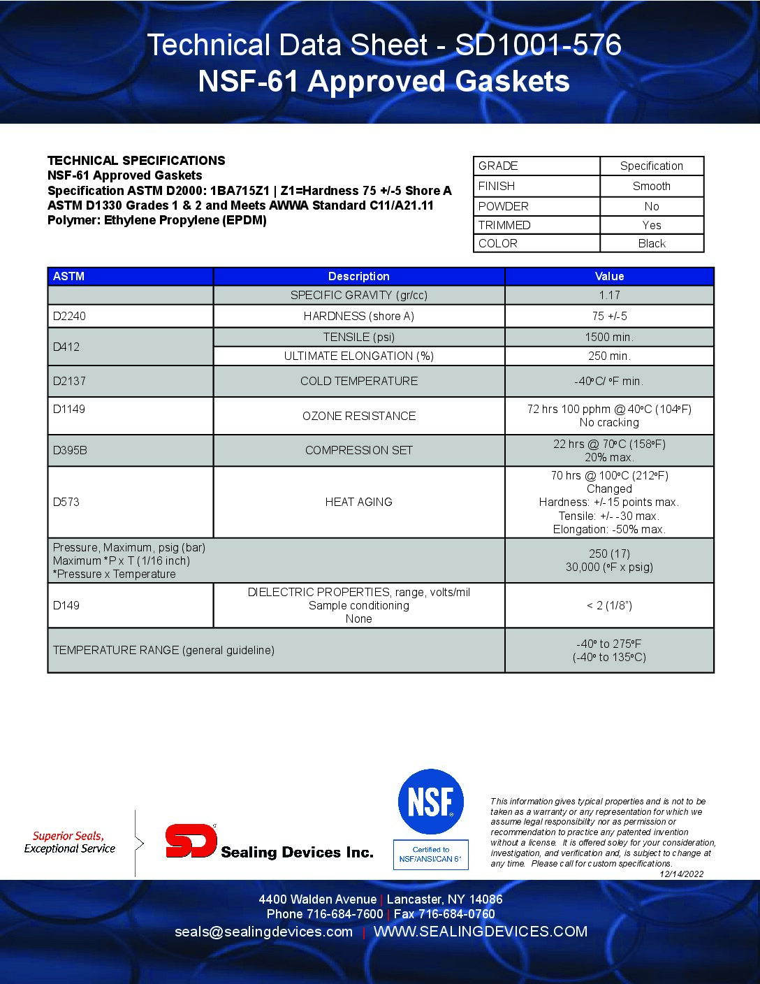 Technical Data Sheet SD1001-576 NSF-61 Approved Gaskets